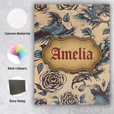 Personalised Name Elegant Birds Roses Custom Modern Room Accent Creative Decorator Style Canvas Wall Art Print Decor Picture Ready to Hang