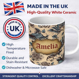 Personalized Custom Name Elegant Birds Roses Vintage Art Seamless Pattern Name Cute Unique 11oz Ceramic Coffee Tea Mug White Large Handle