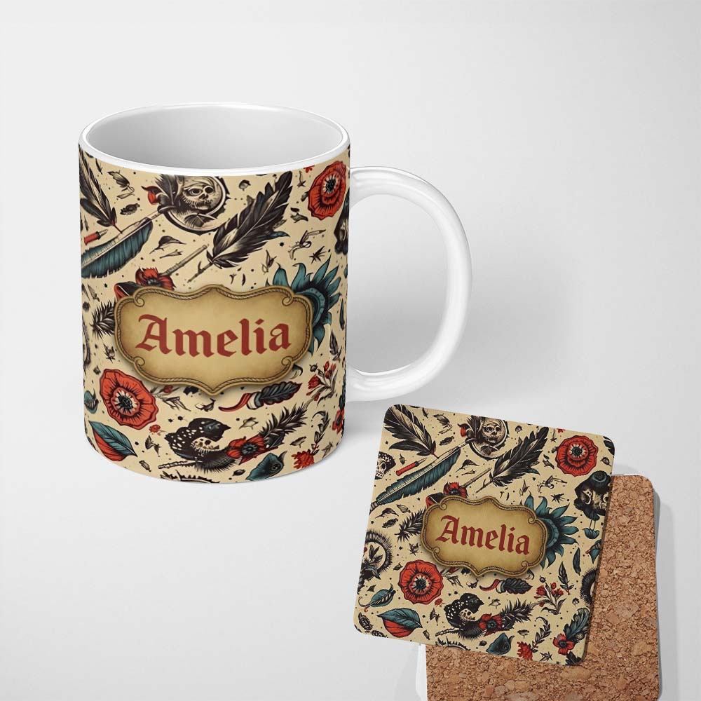 Personalized Custom Name Tattoo Style Skulls Flowers Knives Seamless Pattern Name Cute 11oz Ceramic Coffee Tea Mug White Large Handle