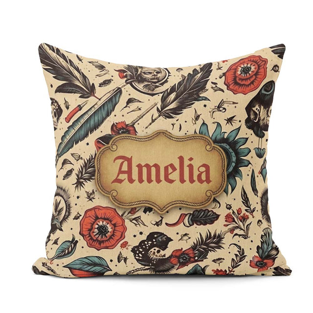 Custom Name Tattoo Style Skulls Flowers Knives Pattern Name Cute Square Filled Cushion Throw Pillow Sofa Bed Home Decor Zip Washable UK Made