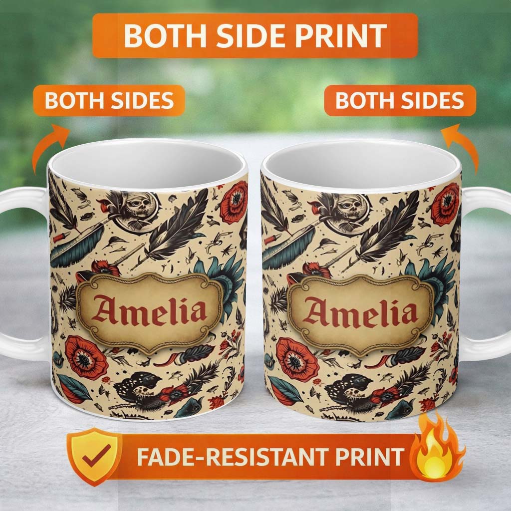 Personalized Custom Name Tattoo Style Skulls Flowers Knives Seamless Pattern Name Cute 11oz Ceramic Coffee Tea Mug White Large Handle