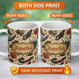 Personalized Custom Name Tattoo Style Skulls Flowers Knives Seamless Pattern Name Cute 11oz Ceramic Coffee Tea Mug White Large Handle