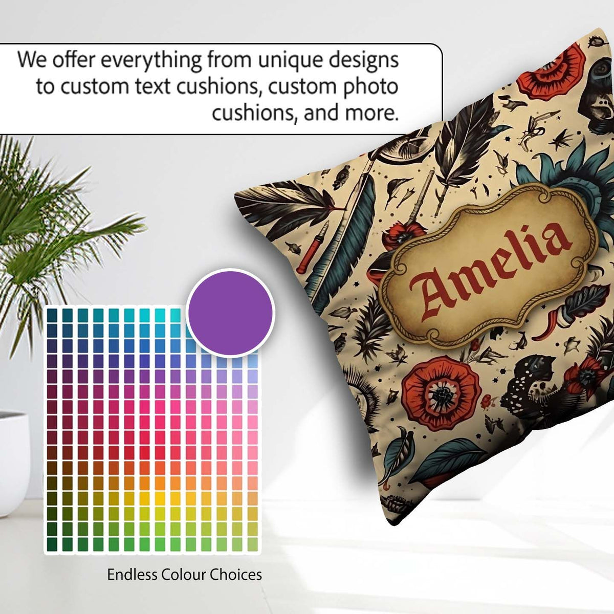 Custom Name Tattoo Style Skulls Flowers Knives Pattern Name Cute Square Filled Cushion Throw Pillow Sofa Bed Home Decor Zip Washable UK Made