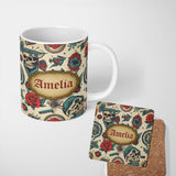 Personalized Custom Name Bold Skull Roses Tattoo Art Seamless Pattern Name Cute Unique Gift 11oz Ceramic Coffee Tea Mug White Large Handle
