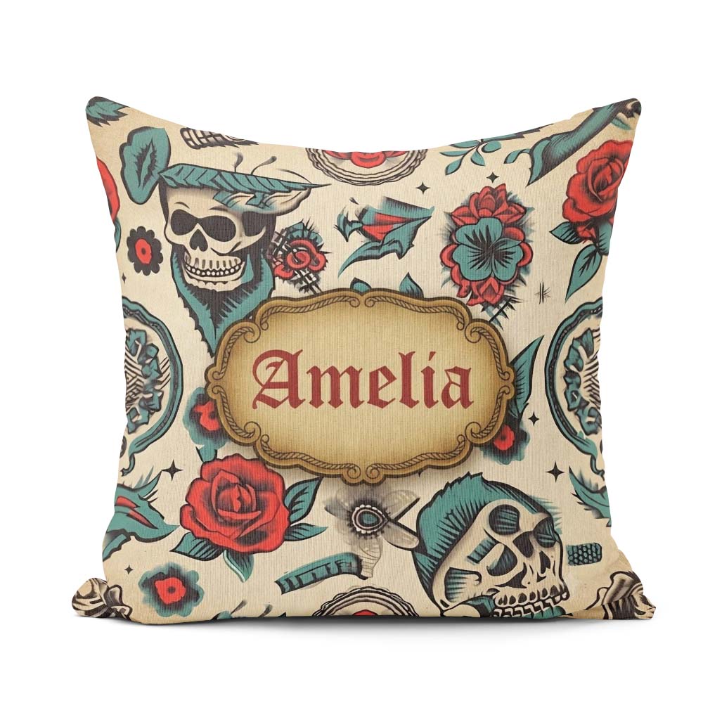 Custom Name Bold Skull Roses Tattoo Art Seamless Pattern Name Square Filled Cushion Throw Pillow Sofa Bed Home Decor Zip Washable UK Made