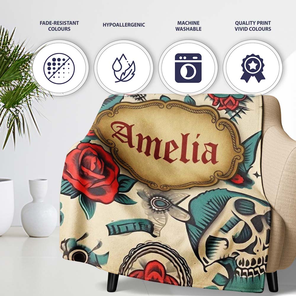 Bold Skull Roses Tattoo Art Seamless Pattern Name Cute Unique Gift  Personalised Custom Name Super Soft Fleece Blanket Bed Sofa Throw