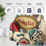 Bold Skull Roses Tattoo Art Seamless Pattern Name Cute Unique Gift  Personalised Custom Name Super Soft Fleece Blanket Bed Sofa Throw