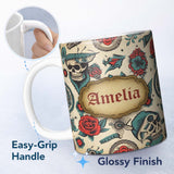 Personalized Custom Name Bold Skull Roses Tattoo Art Seamless Pattern Name Cute Unique Gift 11oz Ceramic Coffee Tea Mug White Large Handle