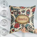 Custom Name Bold Skull Roses Tattoo Art Seamless Pattern Name Square Filled Cushion Throw Pillow Sofa Bed Home Decor Zip Washable UK Made