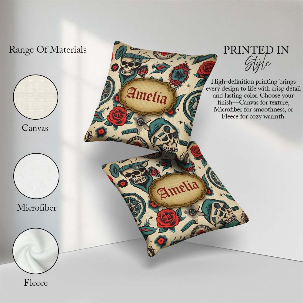 Custom Name Bold Skull Roses Tattoo Art Seamless Pattern Name Square Filled Cushion Throw Pillow Sofa Bed Home Decor Zip Washable UK Made