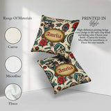 Custom Name Bold Skull Roses Tattoo Art Seamless Pattern Name Square Filled Cushion Throw Pillow Sofa Bed Home Decor Zip Washable UK Made