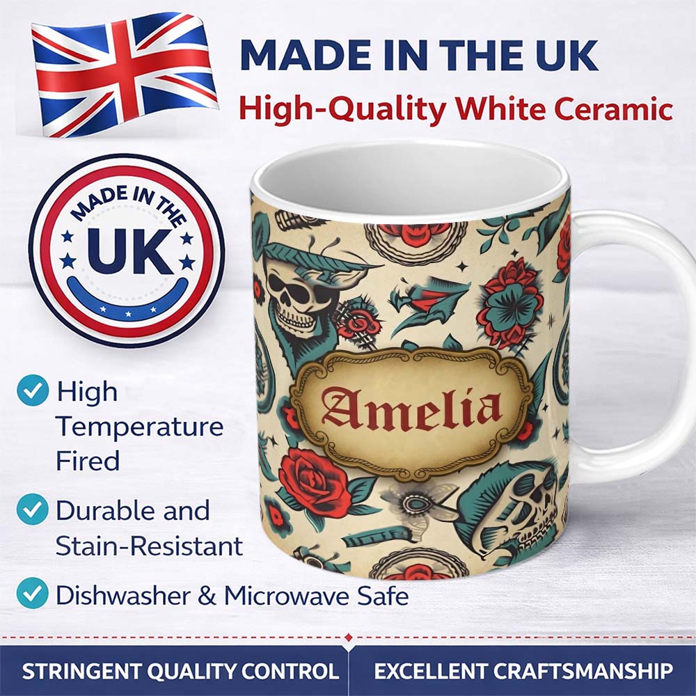 Personalized Custom Name Bold Skull Roses Tattoo Art Seamless Pattern Name Cute Unique Gift 11oz Ceramic Coffee Tea Mug White Large Handle