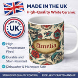 Personalized Custom Name Bold Skull Roses Tattoo Art Seamless Pattern Name Cute Unique Gift 11oz Ceramic Coffee Tea Mug White Large Handle