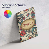 Personalised Name Bold Skull Roses Tattoo Custom  Unique Gift Idea Elegant Feature Canvas Wall Art Print Decor Picture Ready to Hang