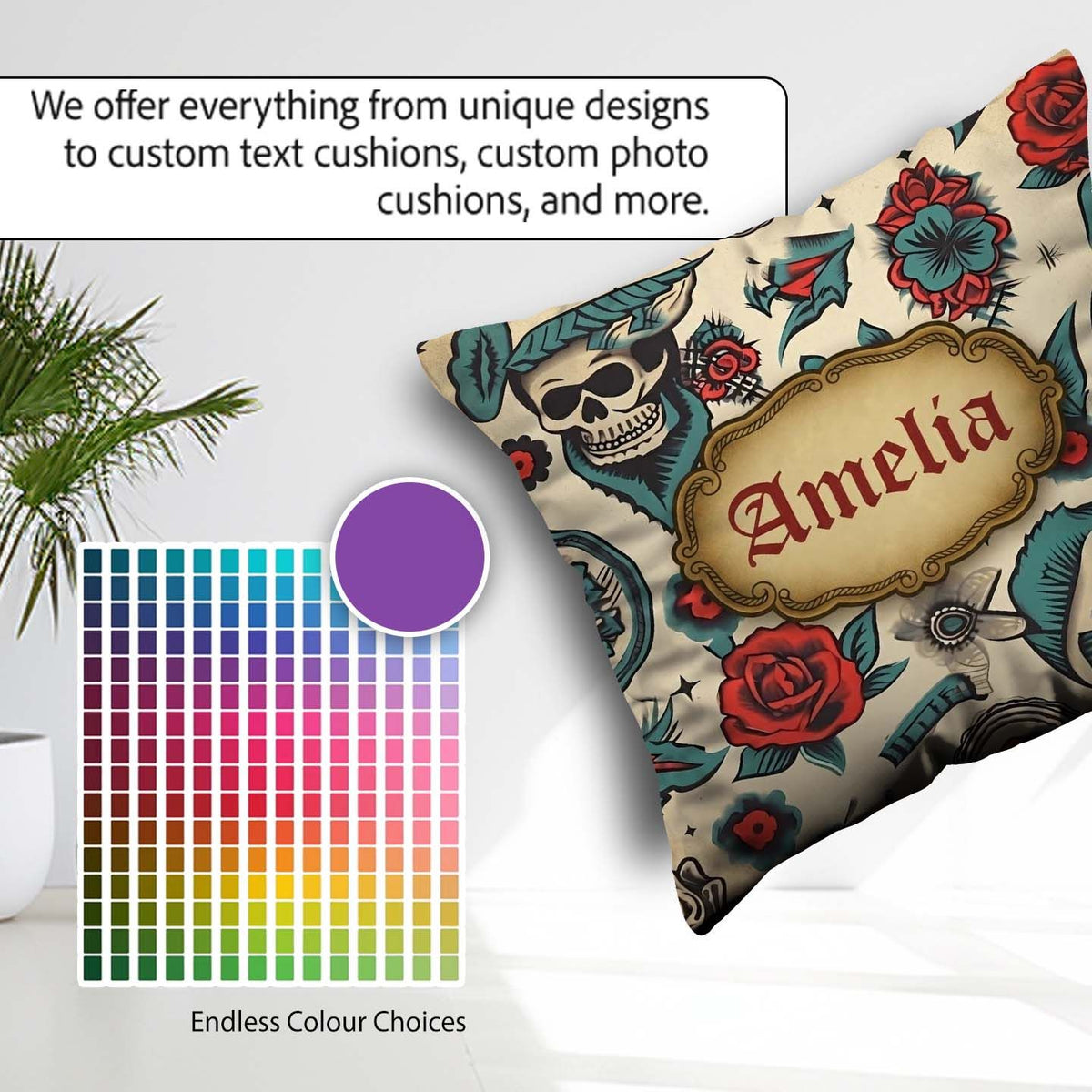 Custom Name Bold Skull Roses Tattoo Art Seamless Pattern Name Square Filled Cushion Throw Pillow Sofa Bed Home Decor Zip Washable UK Made
