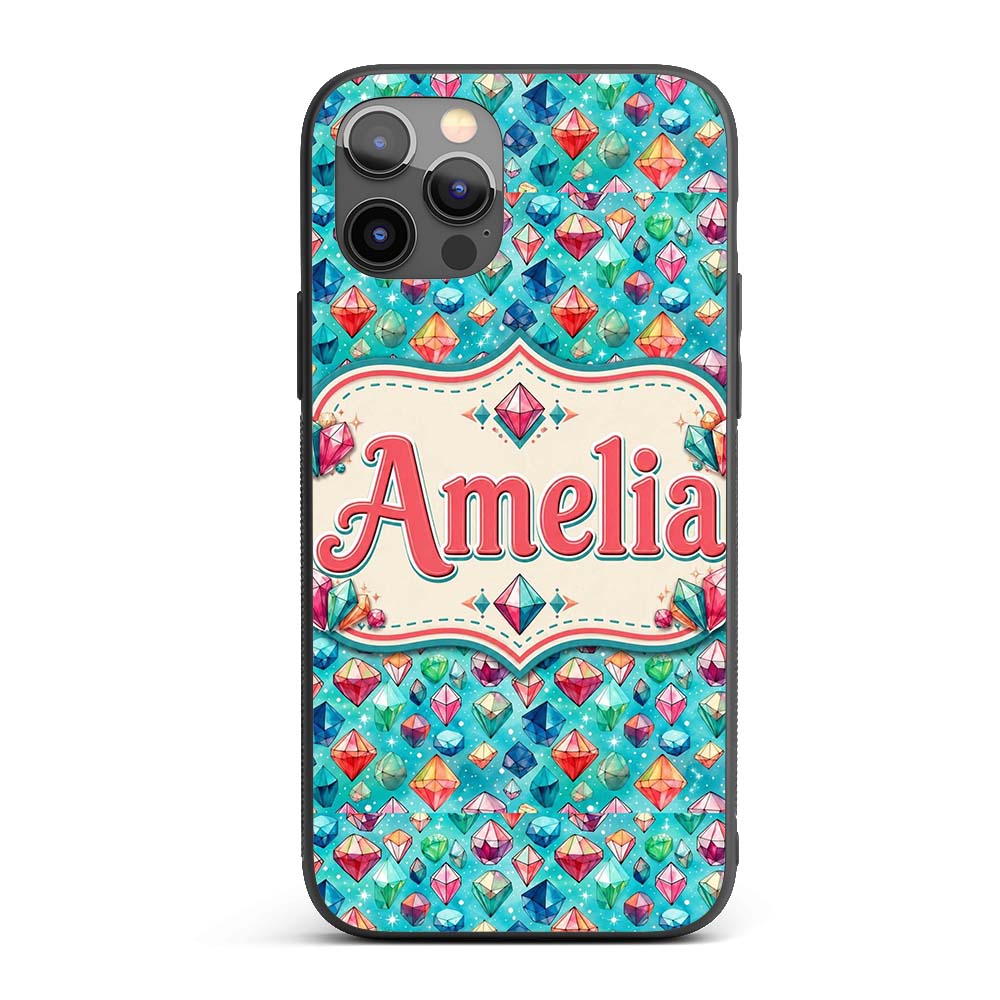 Colorful Gem Crystal Diamond Seamless Pattern on Custom Name Protective Phone Case Mobile Cover Durable Everyday Smartphone Shock Resistant