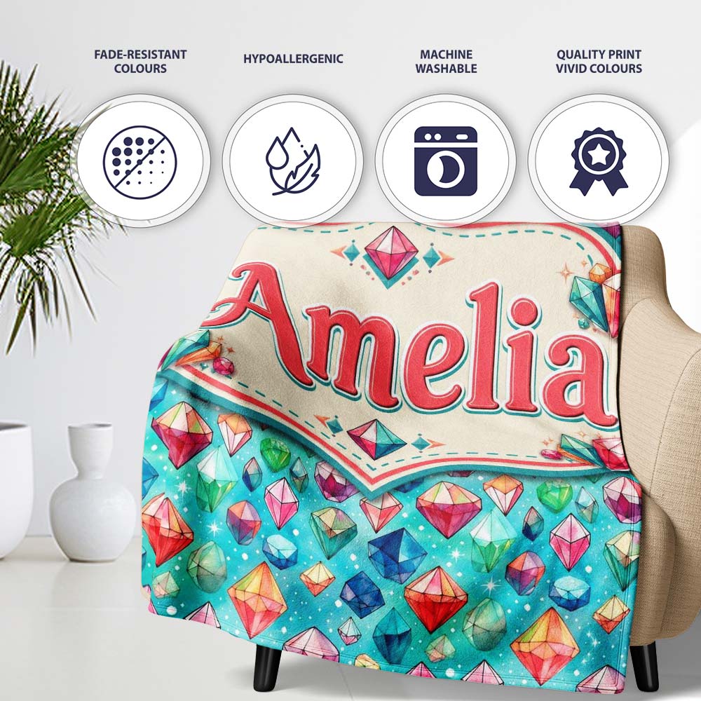 Colorful Gem Crystal Diamond Seamless Pattern on Teal Background  Personalised Custom Name Super Soft Fleece Blanket Bed Sofa Throw