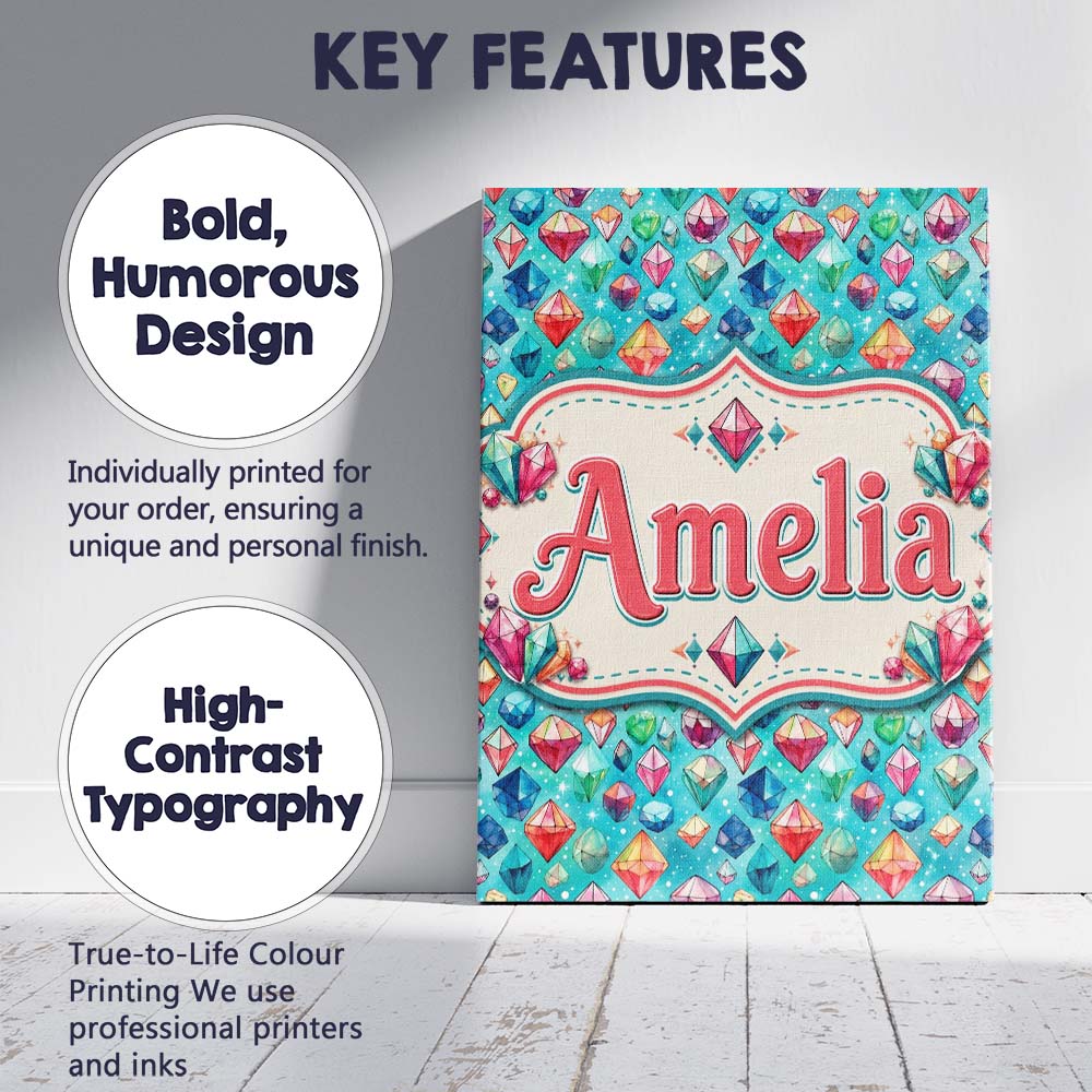 Personalised Name Colorful Gem Crystal Custom  Modern Room Accent Elegant Feature Canvas Wall Art Print Decor Picture Ready to Hang