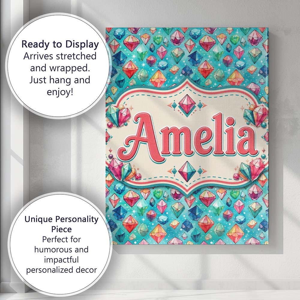 Personalised Name Colorful Gem Crystal Custom  Modern Room Accent Elegant Feature Canvas Wall Art Print Decor Picture Ready to Hang