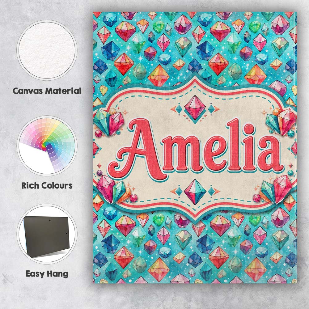 Personalised Name Colorful Gem Crystal Custom  Modern Room Accent Elegant Feature Canvas Wall Art Print Decor Picture Ready to Hang