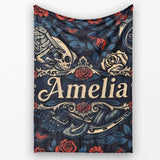 Dark Gothic Skull Knife Roses Seamless Pattern Name Cute Unique Gift  Personalised Custom Name Super Soft Fleece Blanket Bed Sofa Throw