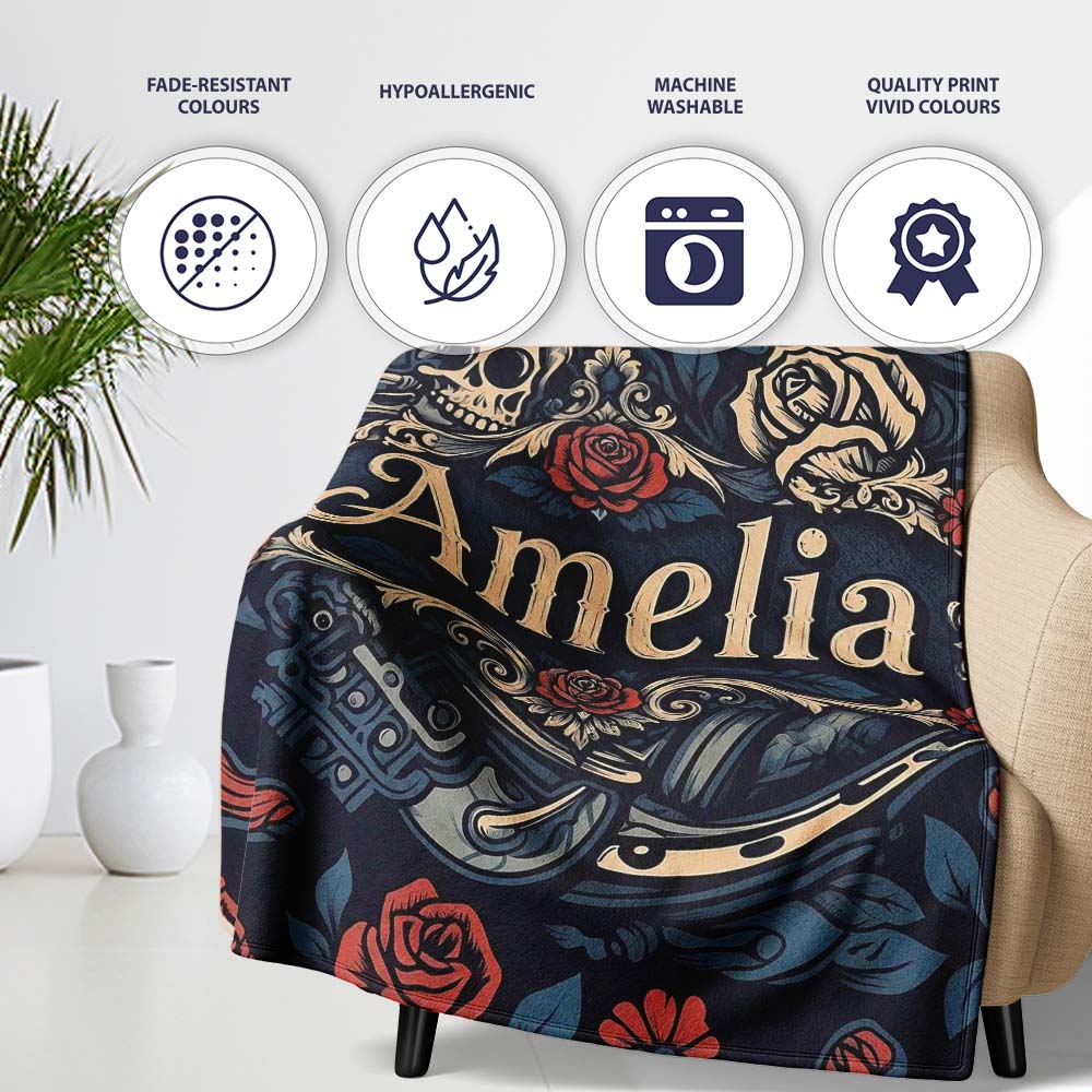 Dark Gothic Skull Knife Roses Seamless Pattern Name Cute Unique Gift  Personalised Custom Name Super Soft Fleece Blanket Bed Sofa Throw