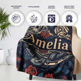 Dark Gothic Skull Knife Roses Seamless Pattern Name Cute Unique Gift  Personalised Custom Name Super Soft Fleece Blanket Bed Sofa Throw