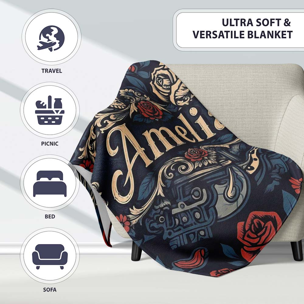 Dark Gothic Skull Knife Roses Seamless Pattern Name Cute Unique Gift  Personalised Custom Name Super Soft Fleece Blanket Bed Sofa Throw