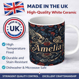 Personalized Custom Name Dark Gothic Skull Knife Roses Seamless Pattern Name Cute Unique Gift 11oz Ceramic Coffee Tea Mug White Large Handle
