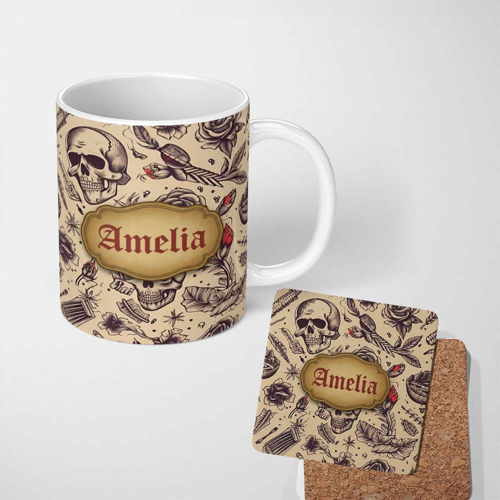 Personalized Custom Name Vintage Skull Roses Feather Tattoo Seamless Pattern Name Cute 11oz Ceramic Coffee Tea Mug White Large Handle