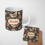 Personalized Custom Name Mystic Skull Wings Stars Floral Seamless Pattern Name Cute Unique 11oz Ceramic Coffee Tea Mug White Large Handle