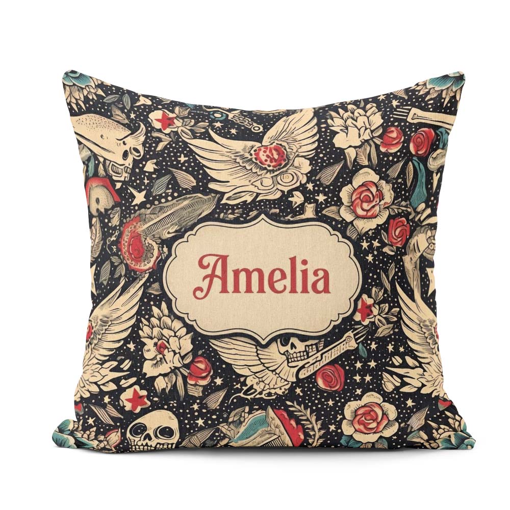 Custom Name Mystic Skull Wings Floral Seamless Pattern Name Cute Square Filled Cushion Throw Pillow Sofa Bed Home Decor Zip Washable UK Made