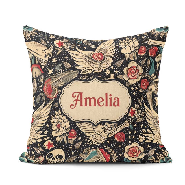 Custom Name Mystic Skull Wings Floral Seamless Pattern Name Cute Square Filled Cushion Throw Pillow Sofa Bed Home Decor Zip Washable UK Made