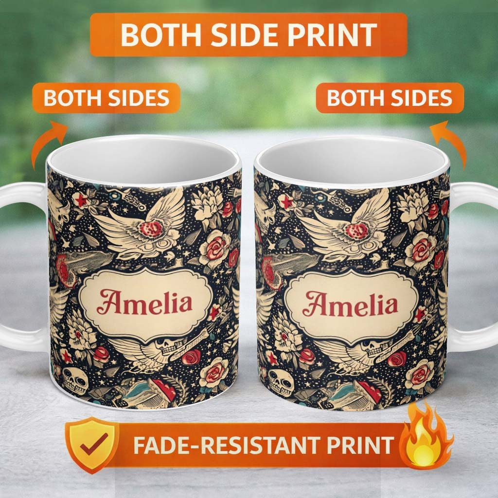 Personalized Custom Name Mystic Skull Wings Stars Floral Seamless Pattern Name Cute Unique 11oz Ceramic Coffee Tea Mug White Large Handle