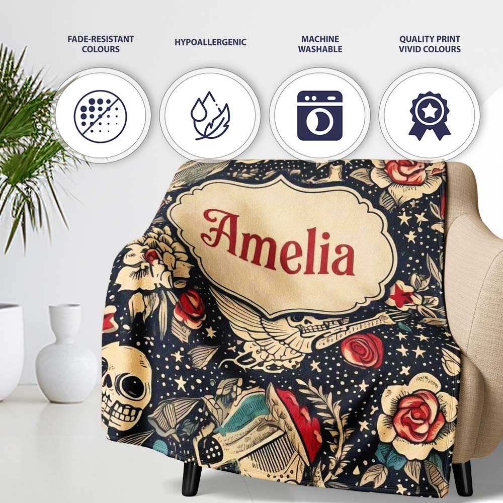 Mystic Skull Wings Stars Floral Seamless Pattern Name Cute Unique  Personalised Custom Name Super Soft Fleece Blanket Bed Sofa Throw