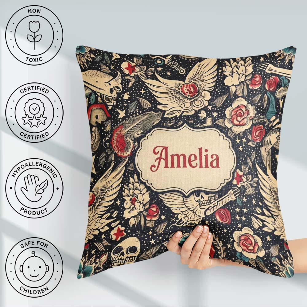 Custom Name Mystic Skull Wings Floral Seamless Pattern Name Cute Square Filled Cushion Throw Pillow Sofa Bed Home Decor Zip Washable UK Made
