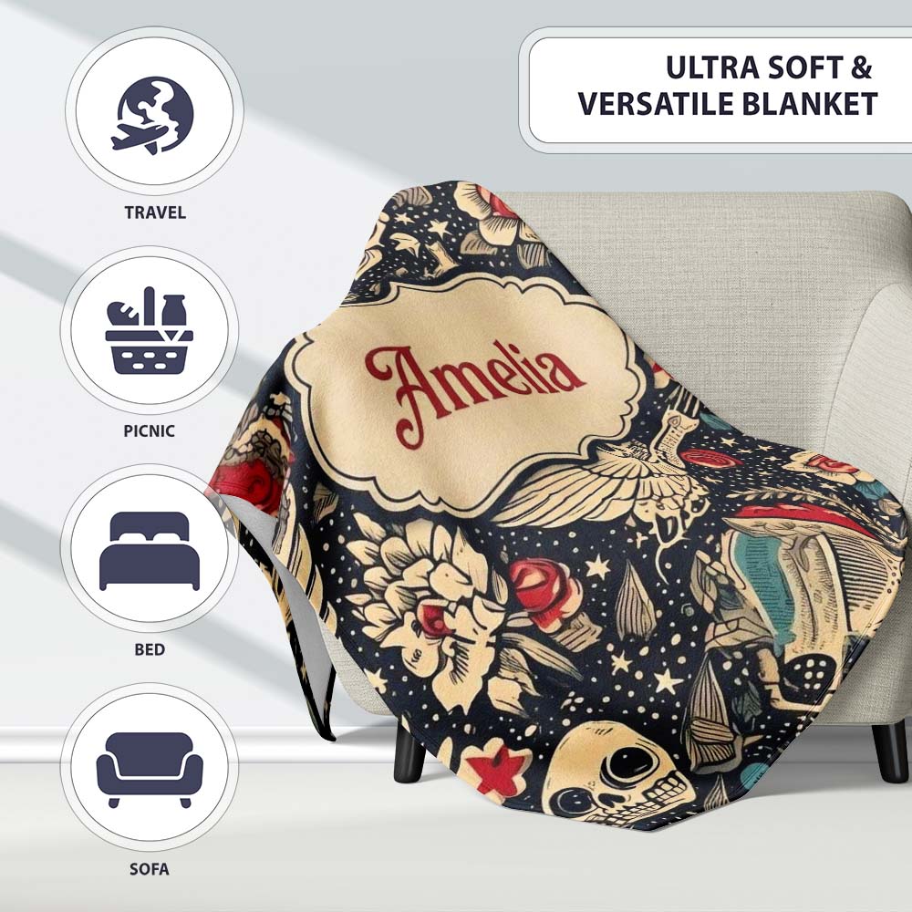 Mystic Skull Wings Stars Floral Seamless Pattern Name Cute Unique  Personalised Custom Name Super Soft Fleece Blanket Bed Sofa Throw