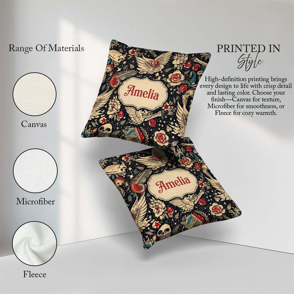 Custom Name Mystic Skull Wings Floral Seamless Pattern Name Cute Square Filled Cushion Throw Pillow Sofa Bed Home Decor Zip Washable UK Made