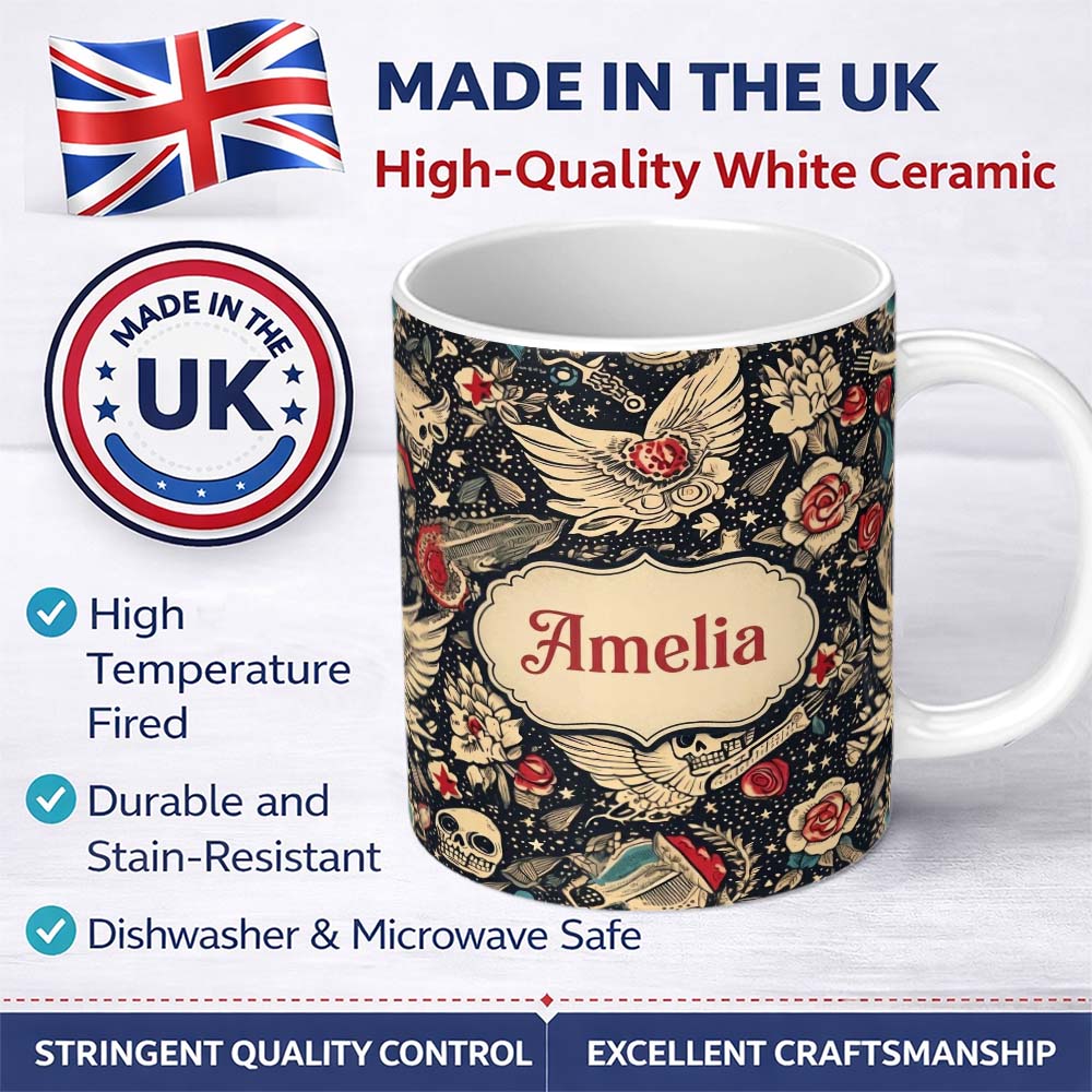 Personalized Custom Name Mystic Skull Wings Stars Floral Seamless Pattern Name Cute Unique 11oz Ceramic Coffee Tea Mug White Large Handle