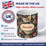 Personalized Custom Name Mystic Skull Wings Stars Floral Seamless Pattern Name Cute Unique 11oz Ceramic Coffee Tea Mug White Large Handle