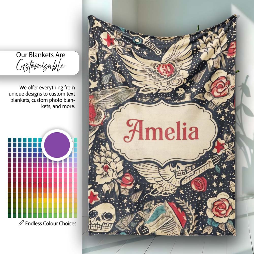 Mystic Skull Wings Stars Floral Seamless Pattern Name Cute Unique  Personalised Custom Name Super Soft Fleece Blanket Bed Sofa Throw