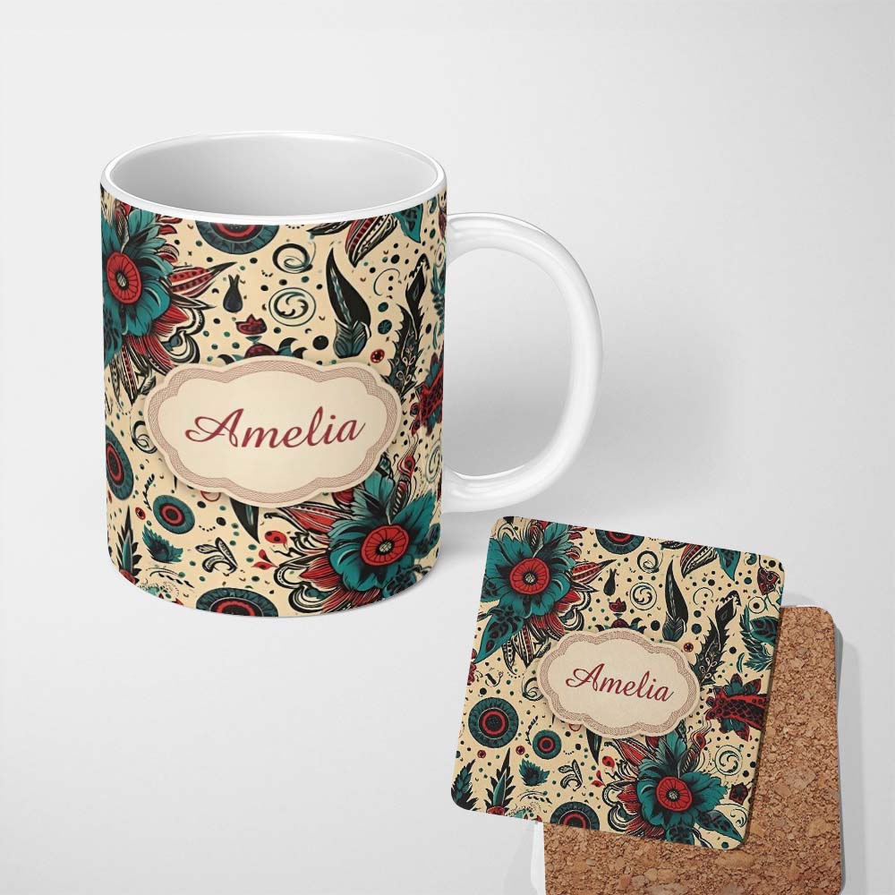 Personalized Custom Name Abstract Floral Folk Art Tattoo Seamless Pattern Name Cute Unique 11oz Ceramic Coffee Tea Mug White Large Handle