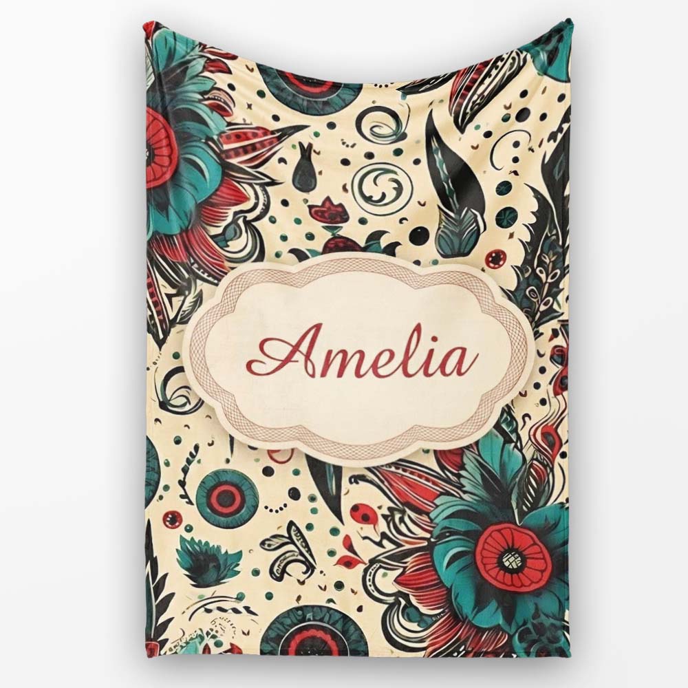Abstract Floral Folk Art Tattoo Seamless Pattern Name Cute Unique  Personalised Custom Name Super Soft Fleece Blanket Bed Sofa Throw