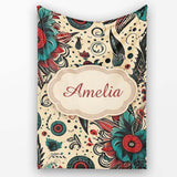 Abstract Floral Folk Art Tattoo Seamless Pattern Name Cute Unique  Personalised Custom Name Super Soft Fleece Blanket Bed Sofa Throw