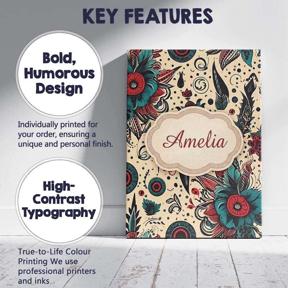 Personalised Name Abstract Floral Folk Custom  Modern Room Accent Elegant Feature Canvas Wall Art Print Decor Picture Ready to Hang