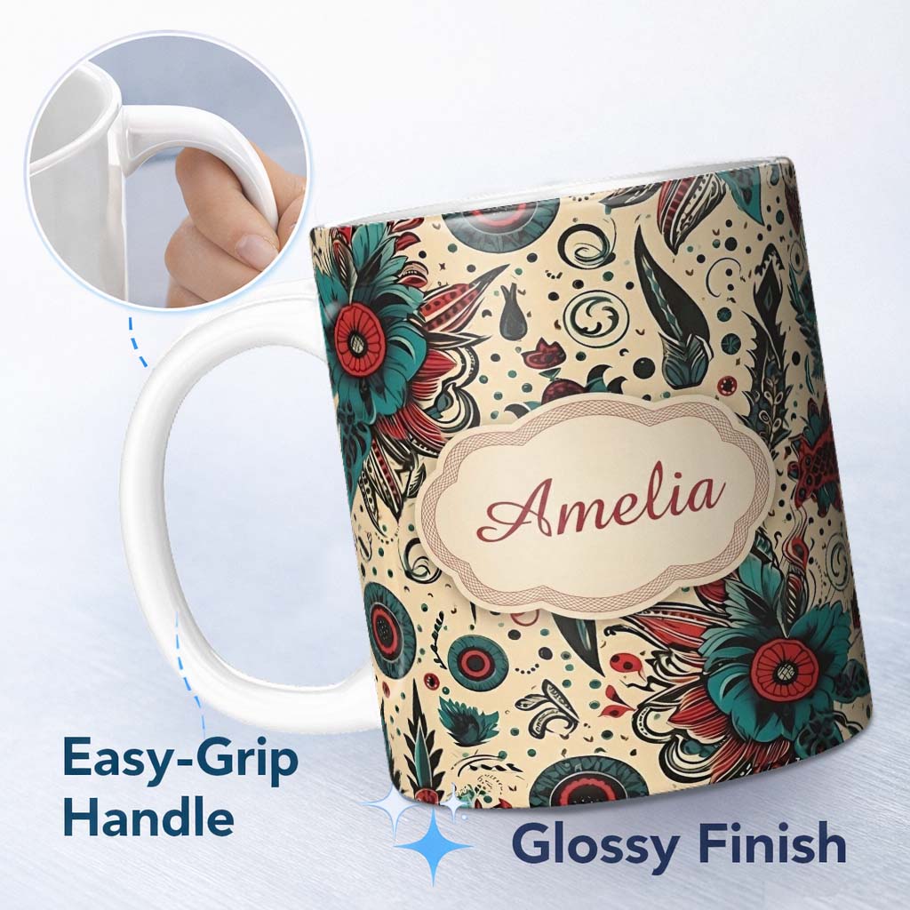 Personalized Custom Name Abstract Floral Folk Art Tattoo Seamless Pattern Name Cute Unique 11oz Ceramic Coffee Tea Mug White Large Handle