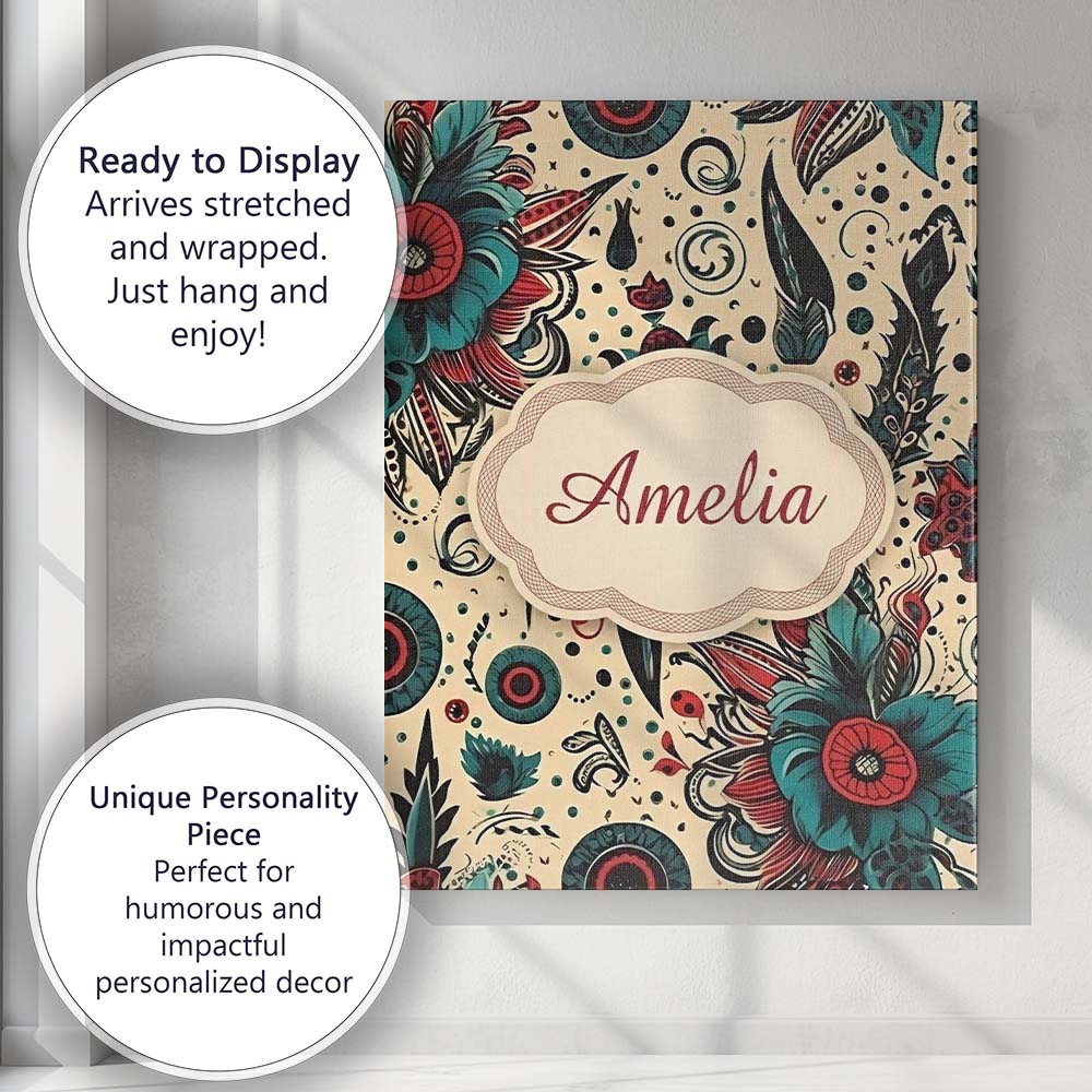 Personalised Name Abstract Floral Folk Custom  Modern Room Accent Elegant Feature Canvas Wall Art Print Decor Picture Ready to Hang