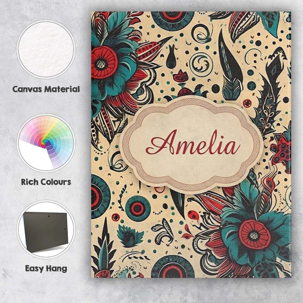 Personalised Name Abstract Floral Folk Custom  Modern Room Accent Elegant Feature Canvas Wall Art Print Decor Picture Ready to Hang