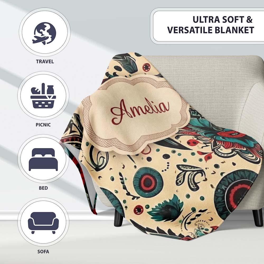 Abstract Floral Folk Art Tattoo Seamless Pattern Name Cute Unique  Personalised Custom Name Super Soft Fleece Blanket Bed Sofa Throw
