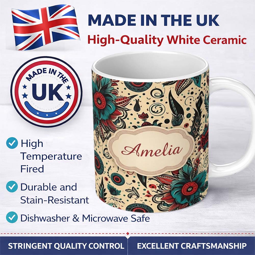 Personalized Custom Name Abstract Floral Folk Art Tattoo Seamless Pattern Name Cute Unique 11oz Ceramic Coffee Tea Mug White Large Handle